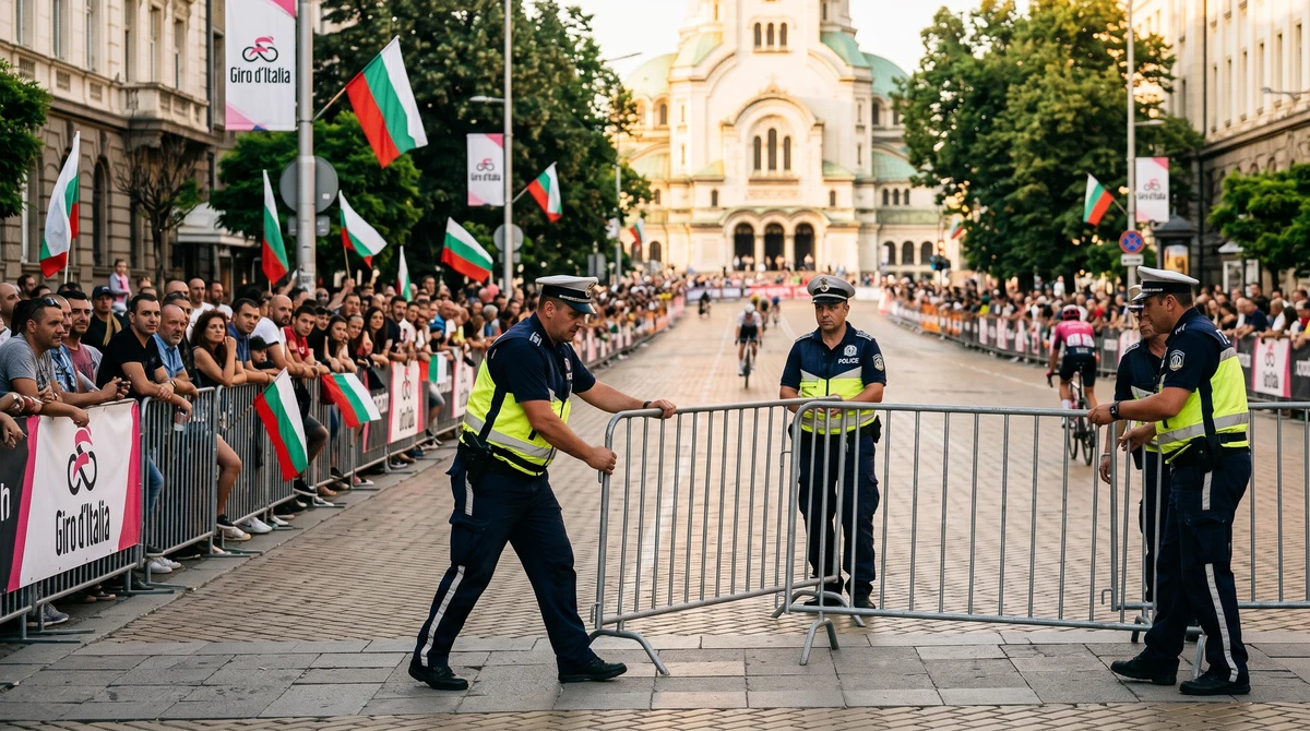Полицейски заграждения и зрители край затворен булевард в София по време на Giro d’Italia.