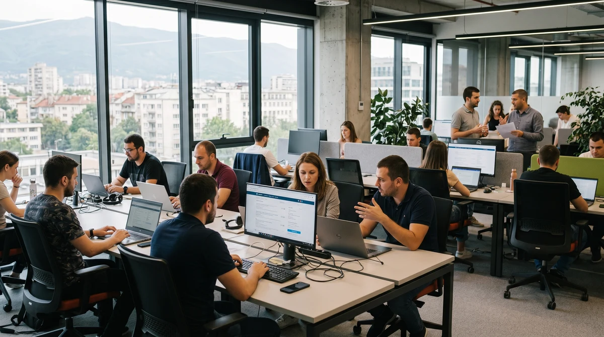 Служители в модерен офис разглеждат обяви за работа на лаптопи на фона на свиващ се IT пазар.