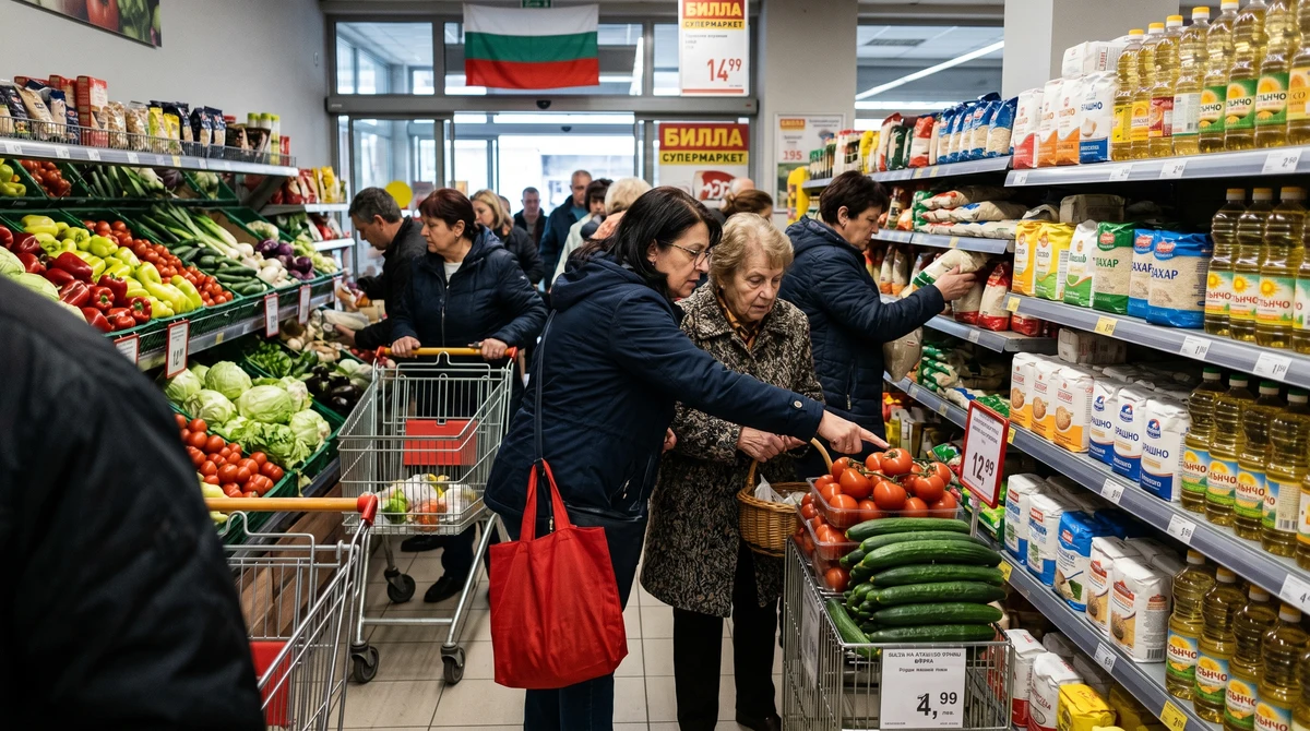 Купувачи сравняват цени на основни храни и зеленчуци в супермаркет на фона на инфлационен натиск.