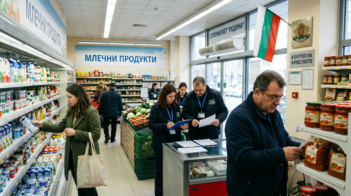 Купувачи разглеждат цените на храните в супермаркет, докато инспектори проверяват документи край щандовете.