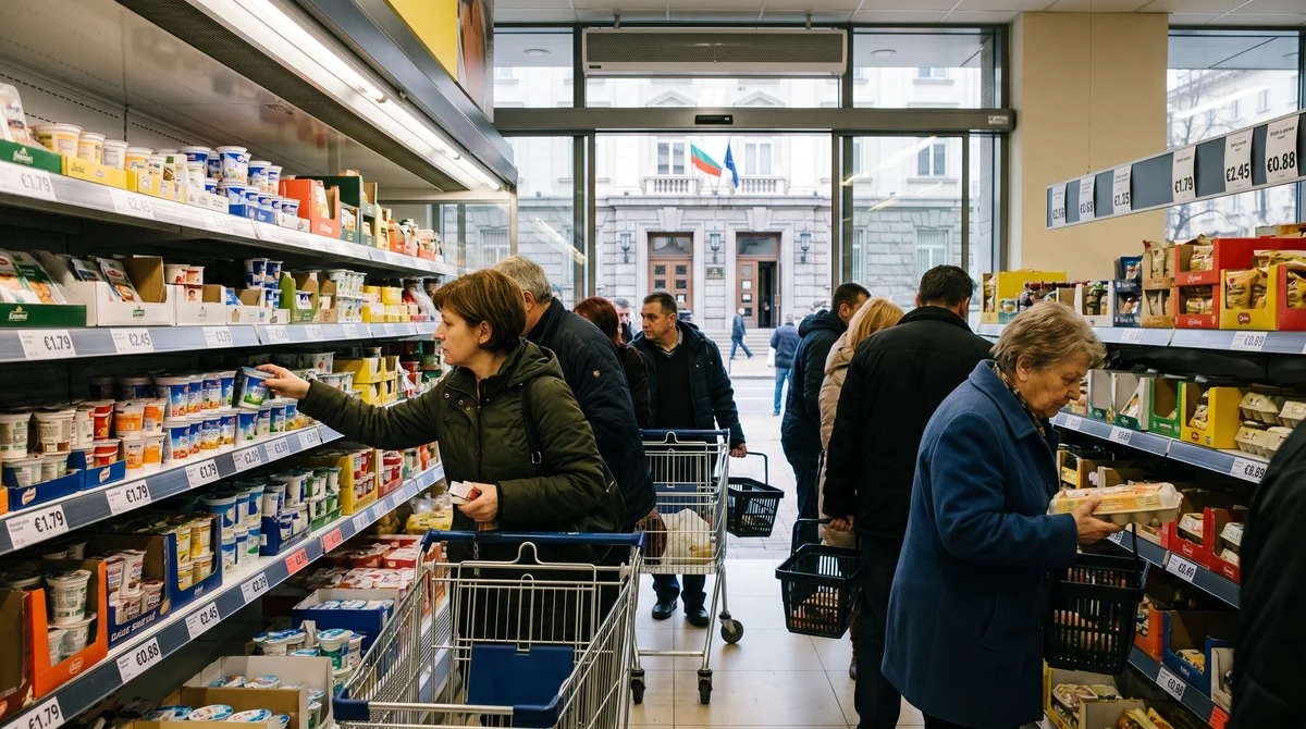 Купувачи в супермаркет разглеждат хранителни продукти и ценови етикети на фона на обществен дебат за контрола върху цените.