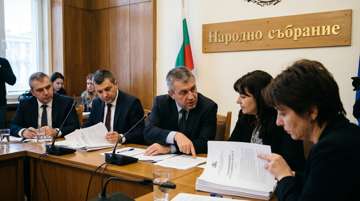 Заседание на парламентарна комисия с юридически документи и българско знаме при обсъждане на съдебна реформа.