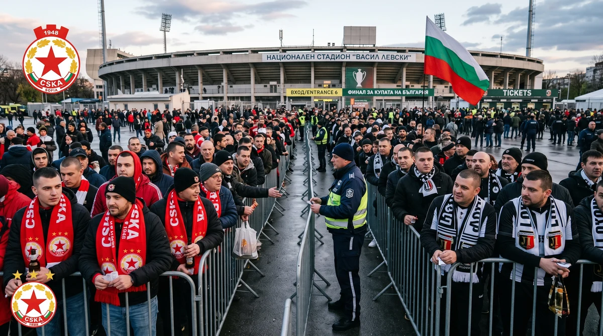 Футболни фенове чакат пред входовете на стадион при засилена охрана преди финал за Купата на България.