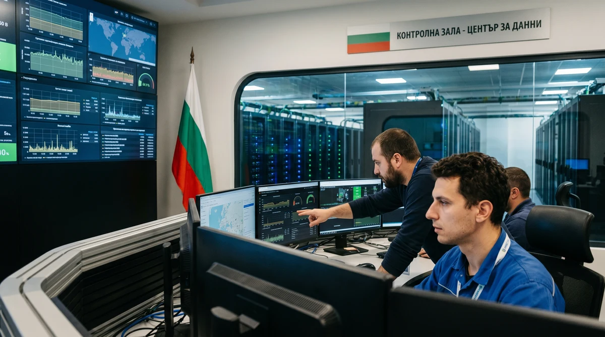 Инженери наблюдават сървъри и енергийни системи в модерен дейта център за изкуствен интелект в България.
