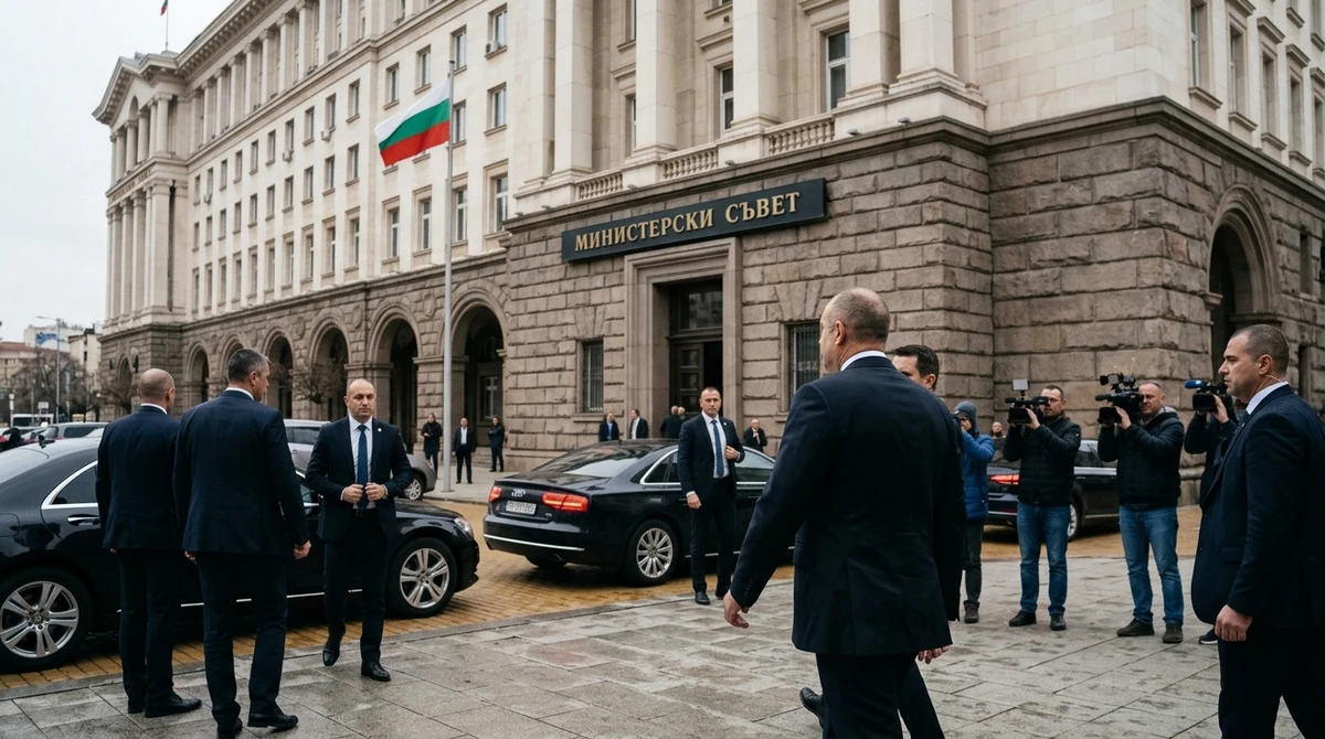 Сграда на Министерския съвет в София с българското знаме и влизащи държавни служители за правителствено заседание.
