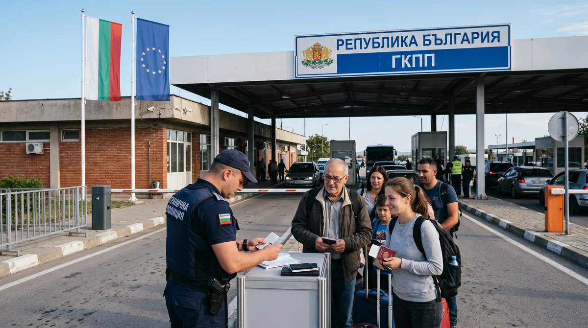 Граничен контролно-пропускателен пункт с българско и европейско знаме, където служители проверяват документи на пътуващи.