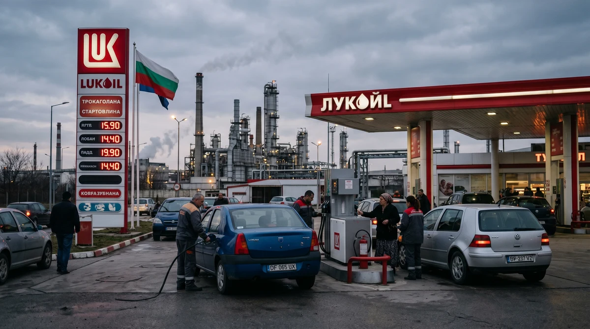 Шофьори зареждат автомобили на бензиностанция край рафинерия, докато цените на горивата остават под натиск.