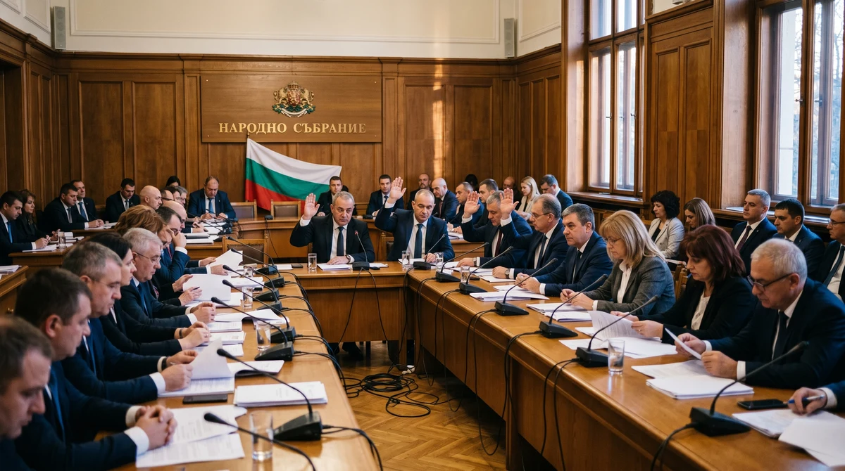 Заседание на парламентарна комисия с депутати, правни документи и българско знаме по време на обсъждане на антикорупционен закон.
