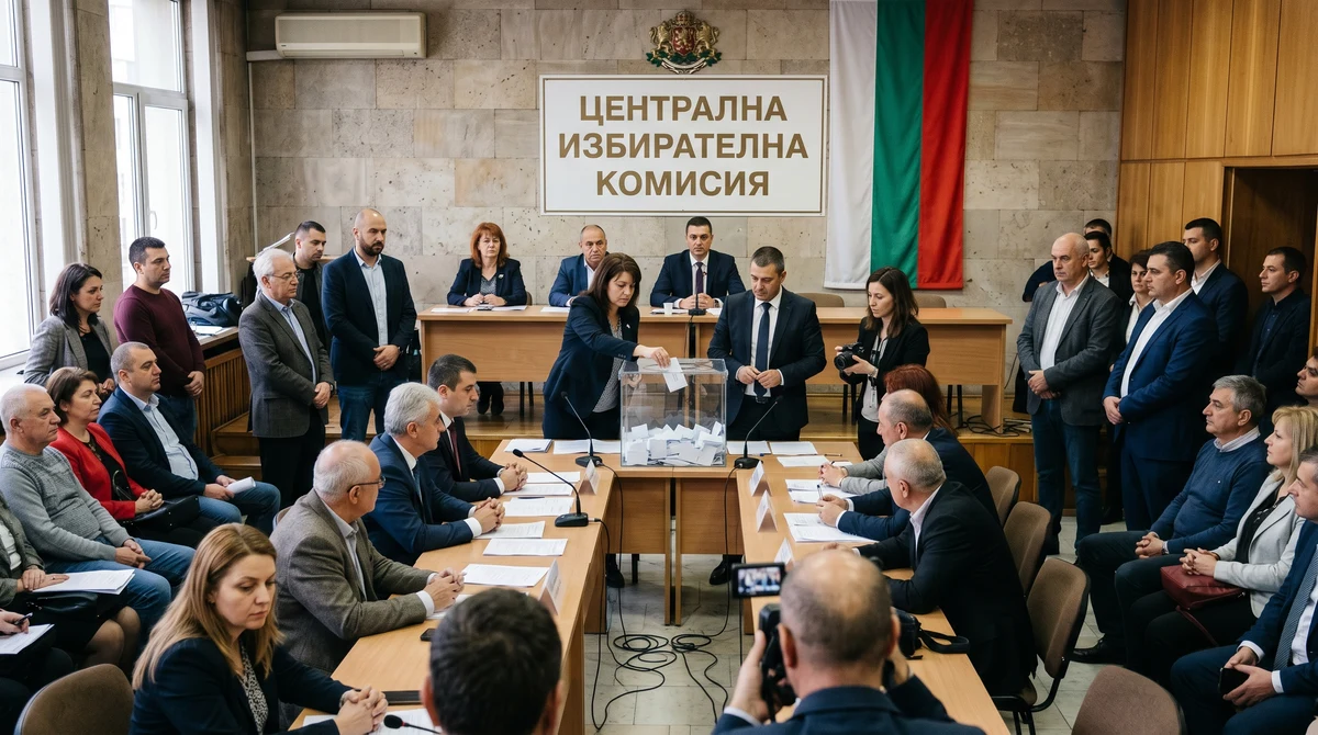 Членове на изборна комисия теглят номера за бюлетини пред български флаг и наблюдатели.