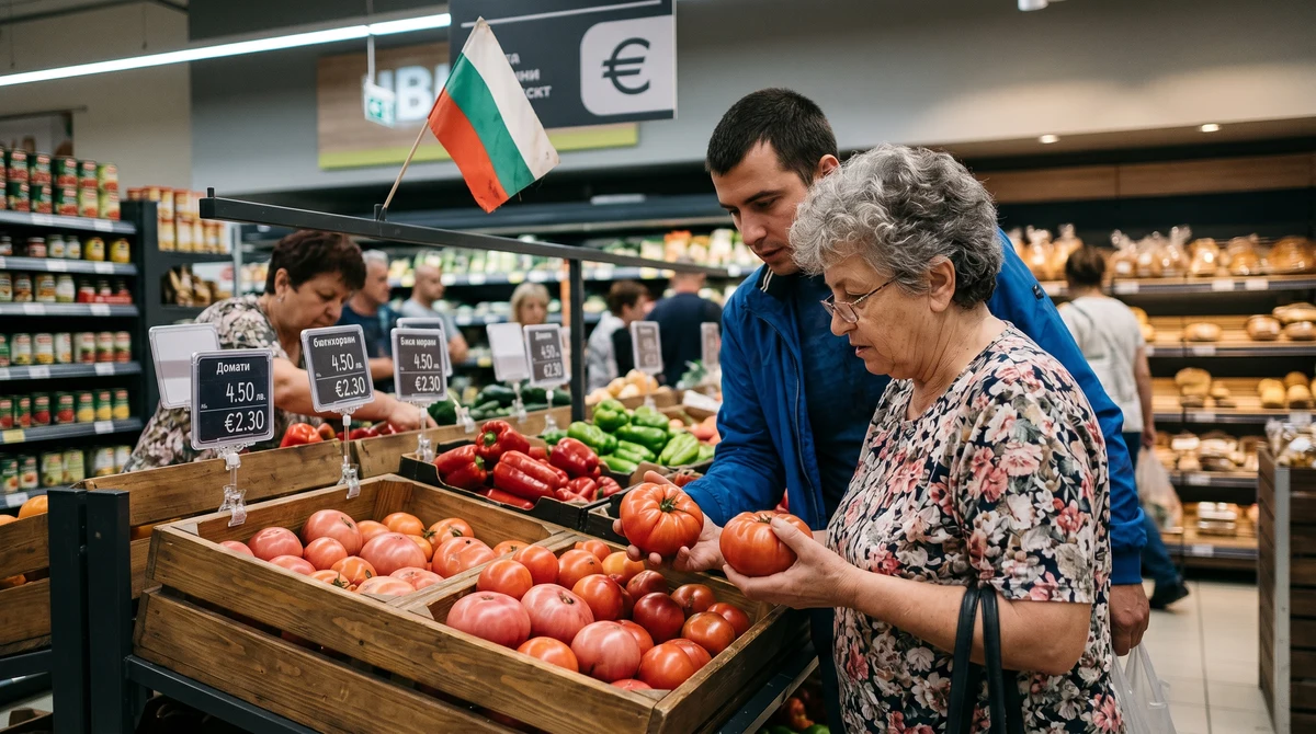 Купувачи разглеждат зеленчуци в супермаркет на фона на поскъпване на храните и инфлация.