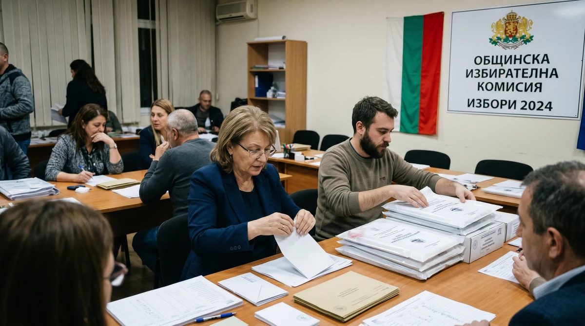 Служители на изборна комисия подготвят бюлетини и изборни материали в административен офис в България.