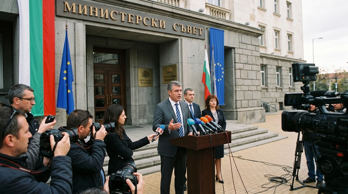 Сградата на Министерския съвет в София по време на политическо изявление за еврото и бюджетния дефицит