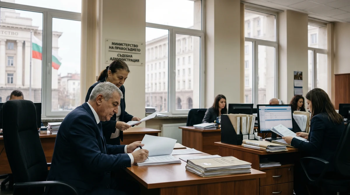 Сграда на институция на правосъдието в София и служители, които обработват документи за съдебни промени и справки за съдимост.