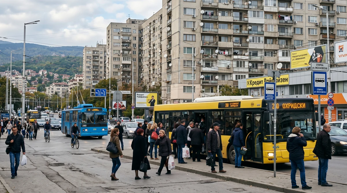 Градска среда в България с жилищни сгради, транспорт и хора, която илюстрира концентрацията на население в няколко области