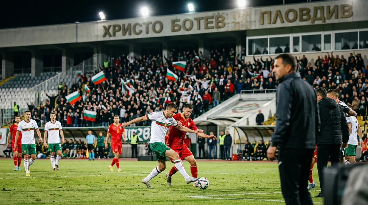 Играчите на България и Черна гора по време на футболна контрола на стадион „Христо Ботев“ в Пловдив