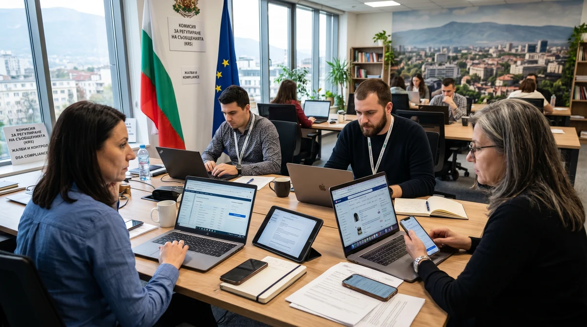 Служители и потребители разглеждат онлайн жалби и обяви на платформи в офисна среда, свързана с новите правила по DSA.