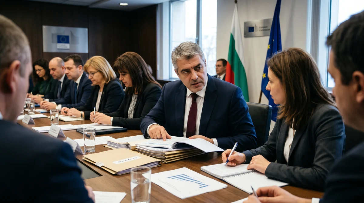 Заседание на българското правителство с документи за европейско финансиране и знамената на България и ЕС