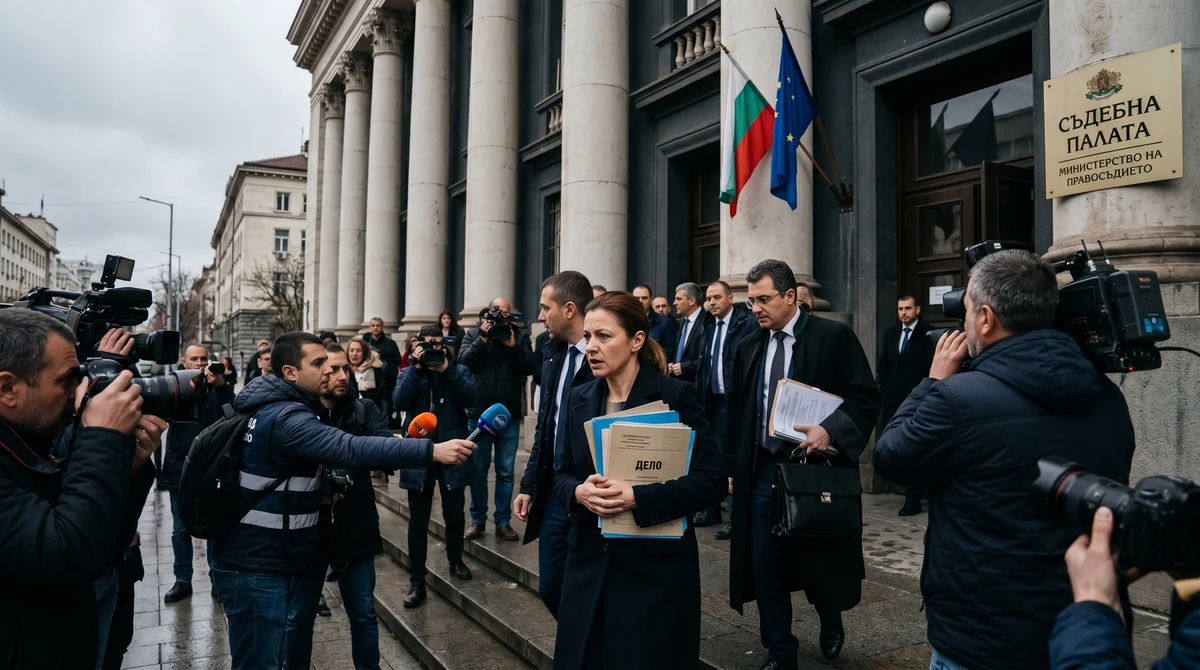 Сграда на съд или държавна институция в София с официални лица, журналисти и български и европейски знамена по тема за съдебната реформа