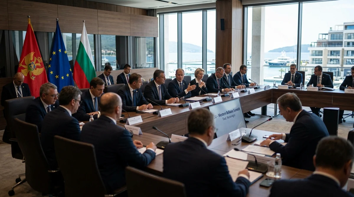 Официална среща на лидери от ЕС и Западните Балкани в конферентна зала с видими европейски и български знамена