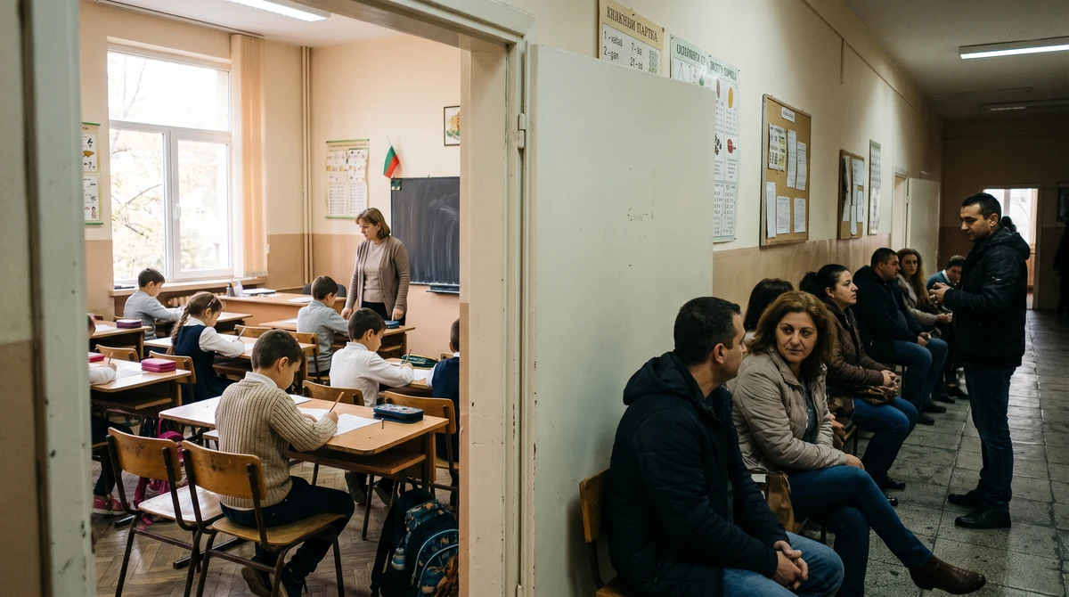 Четвъртокласници по време на изпит по математика в българско училище, докато родители чакат в коридора.