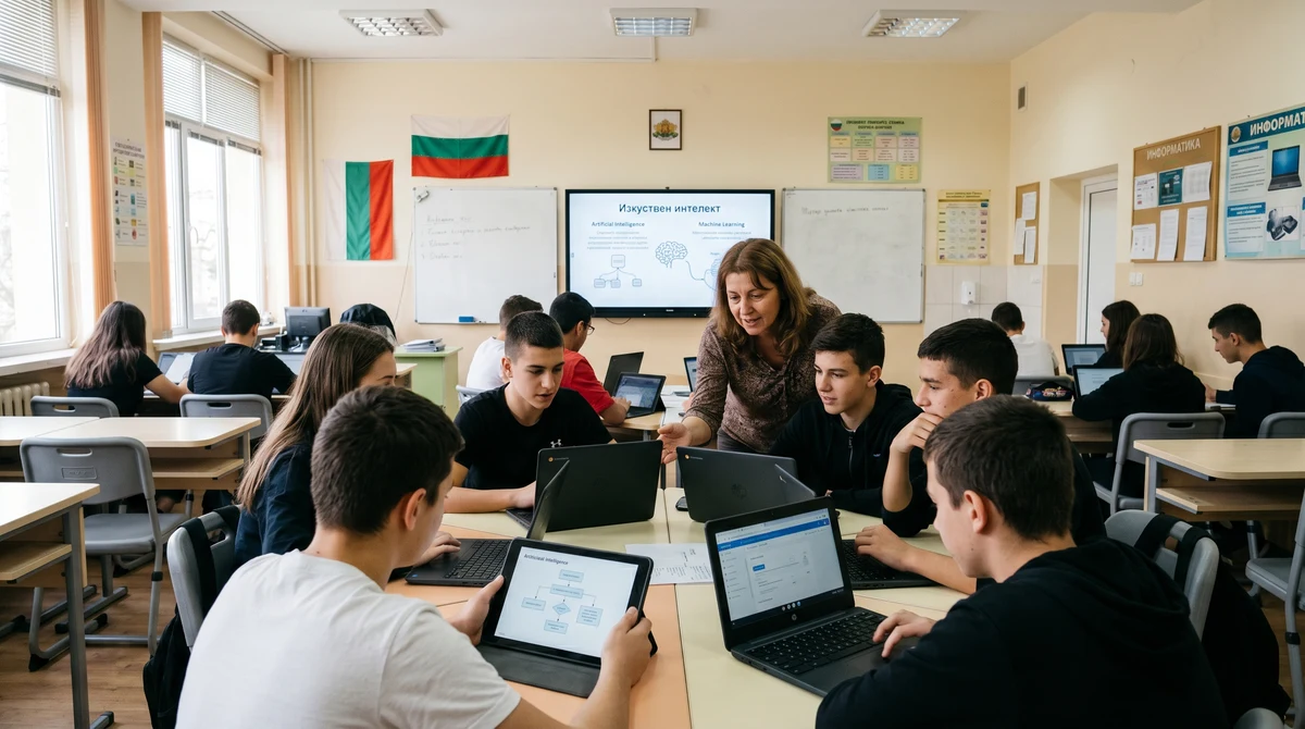 Учител и ученици в българска класна стая работят с лаптопи и дигитални инструменти по тема за изкуствен интелект