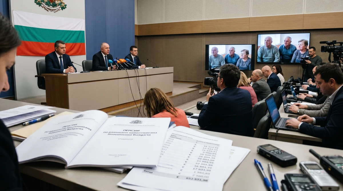 Правителствен брифинг в София по темата за увеличението на пенсиите, с документи и пенсионери в контекст на социални плащания.