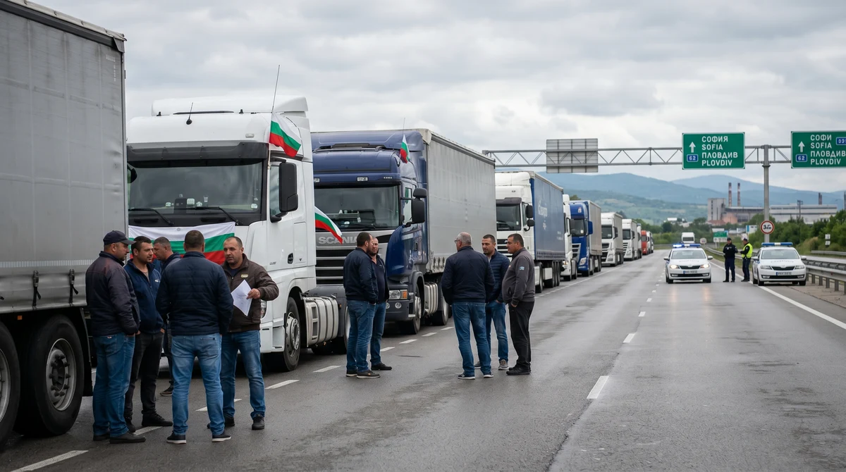 Тежкотоварни камиони на български път по време на протест на транспортния сектор