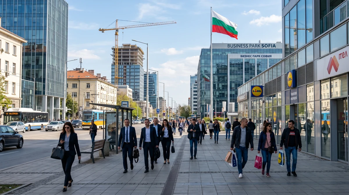 Градска бизнес зона в София с офис сгради, строителни кранове и хора, илюстрираща растежа на икономиката, движен от вътрешното търсене