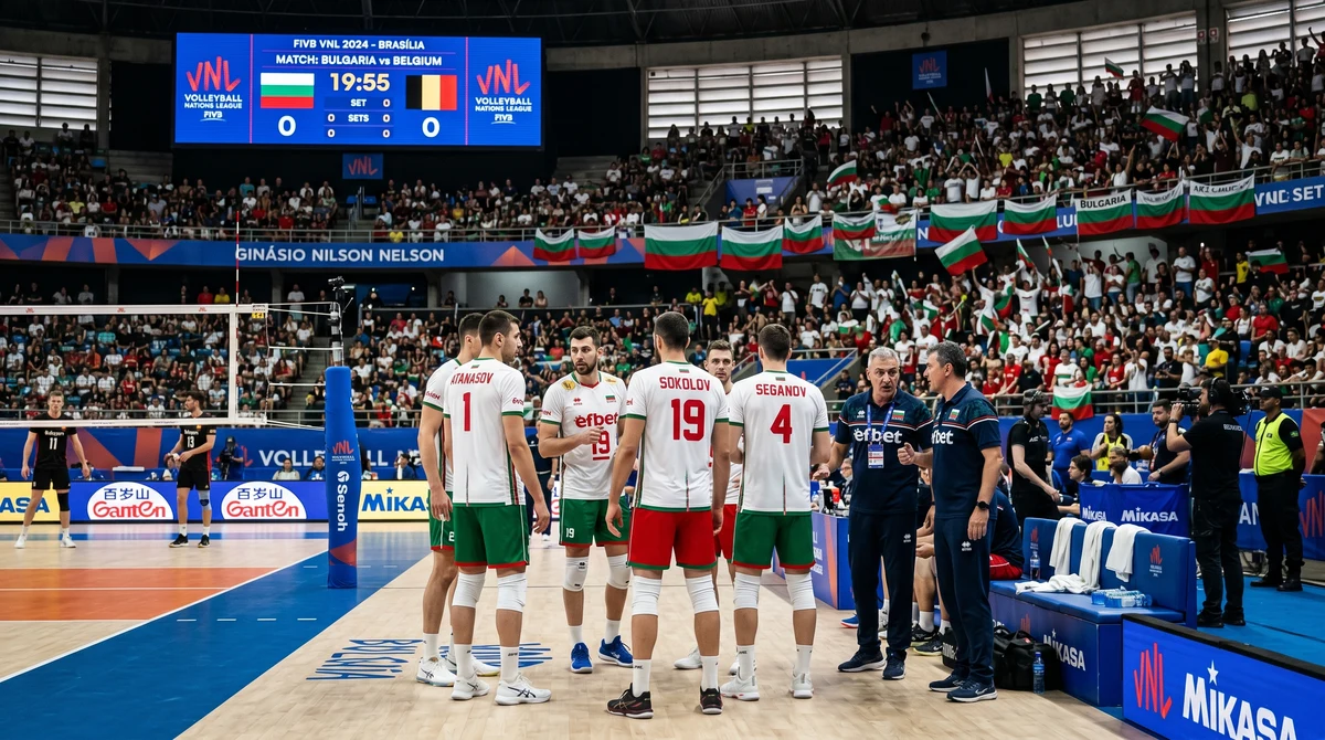 Играчите на мъжкия национален отбор на България по волейбол преди мач от Volleyball Nations League в зала в Бразилия.