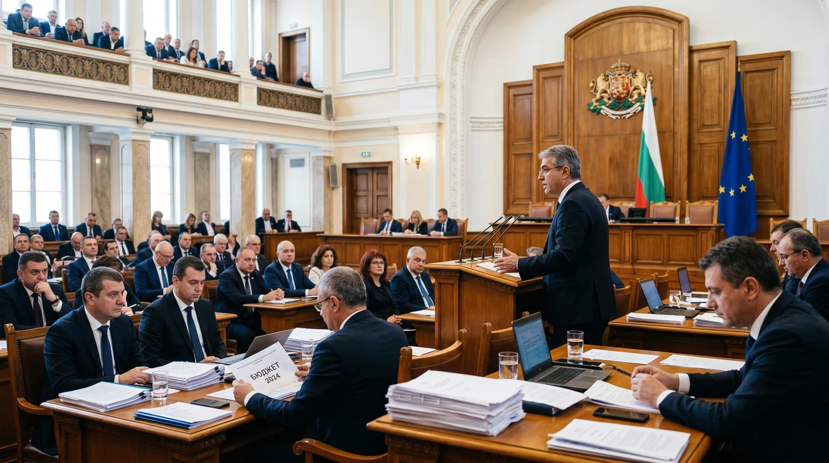 Пленарна зала на българския парламент по време на дебат за нов държавен дълг и бюджета за 2026 г.