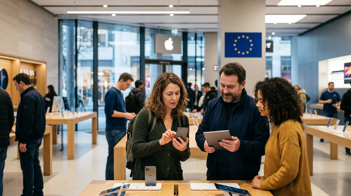 Потребители разглеждат iPhone и iPad в магазин на фона на символи на Apple и Европейския съюз.