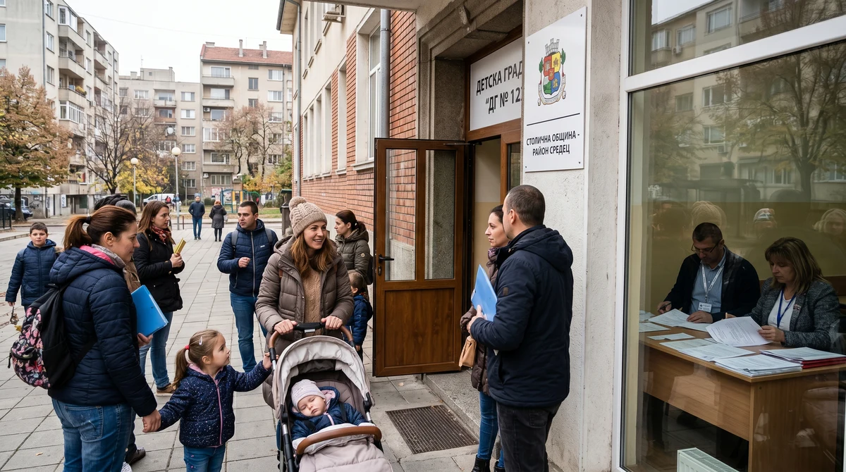 Родители с деца и колички чакат пред входа на общинска детска градина в София