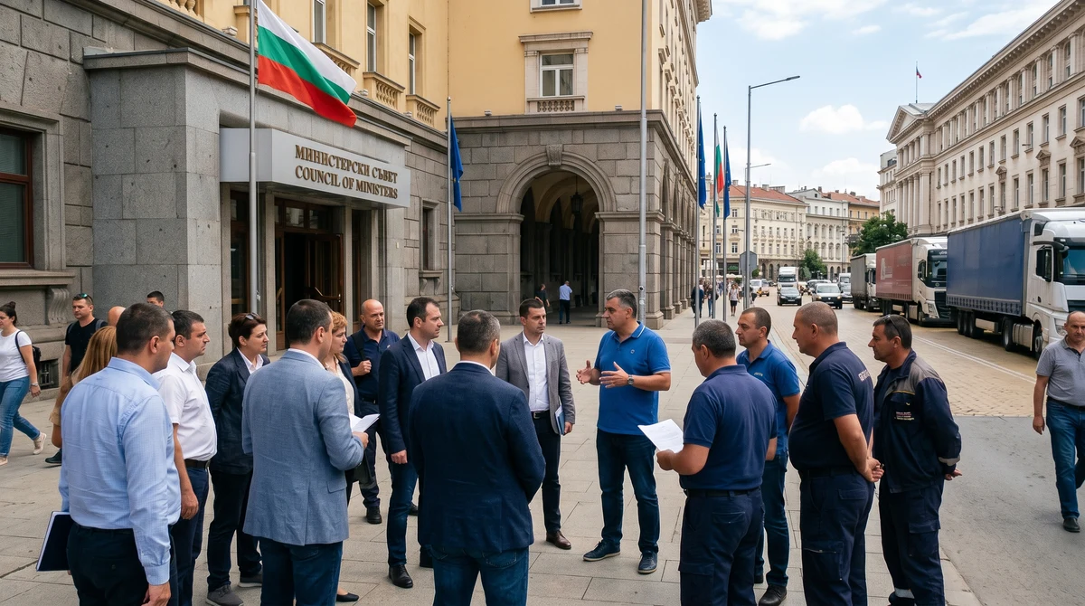 Представители на транспортния бранш пред правителствена сграда в София преди среща за протест и искания на сектора.
