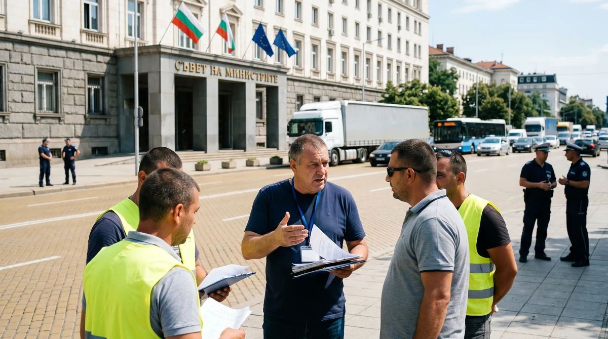 Шофьори и представители на транспортния бранш пред правителствена сграда в София на фона на спор за мерки и възможни протести.