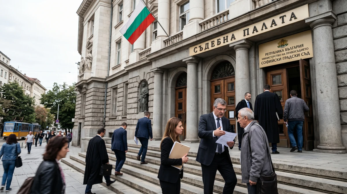 Сграда на съд или на Министерството на правосъдието в София, пред която юристи и граждани обсъждат промени в съдебната система.