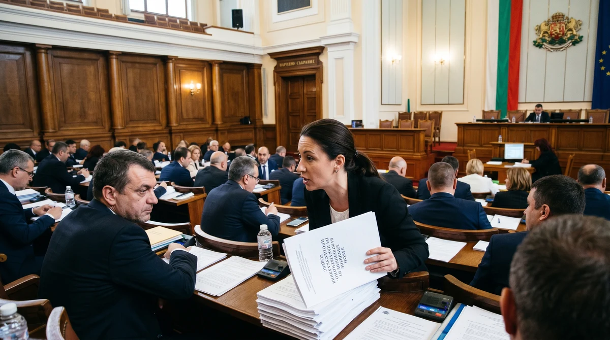Зала на Народното събрание по време на дебат за промени в НПК и съдебен контрол върху 72-часовото задържане