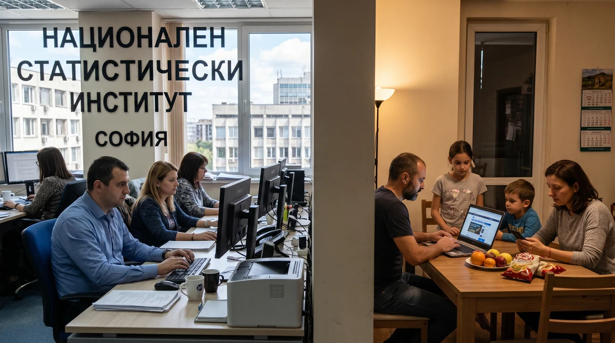 Хора в офис и семейство у дома използват компютри и смартфони за интернет и електронни услуги в България.