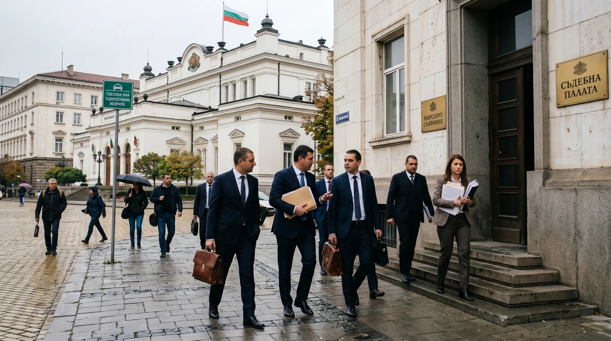 Сградите на Народното събрание и Съдебната палата в София като символ на спора за избора на нов Висш съдебен съвет и главен прокурор.