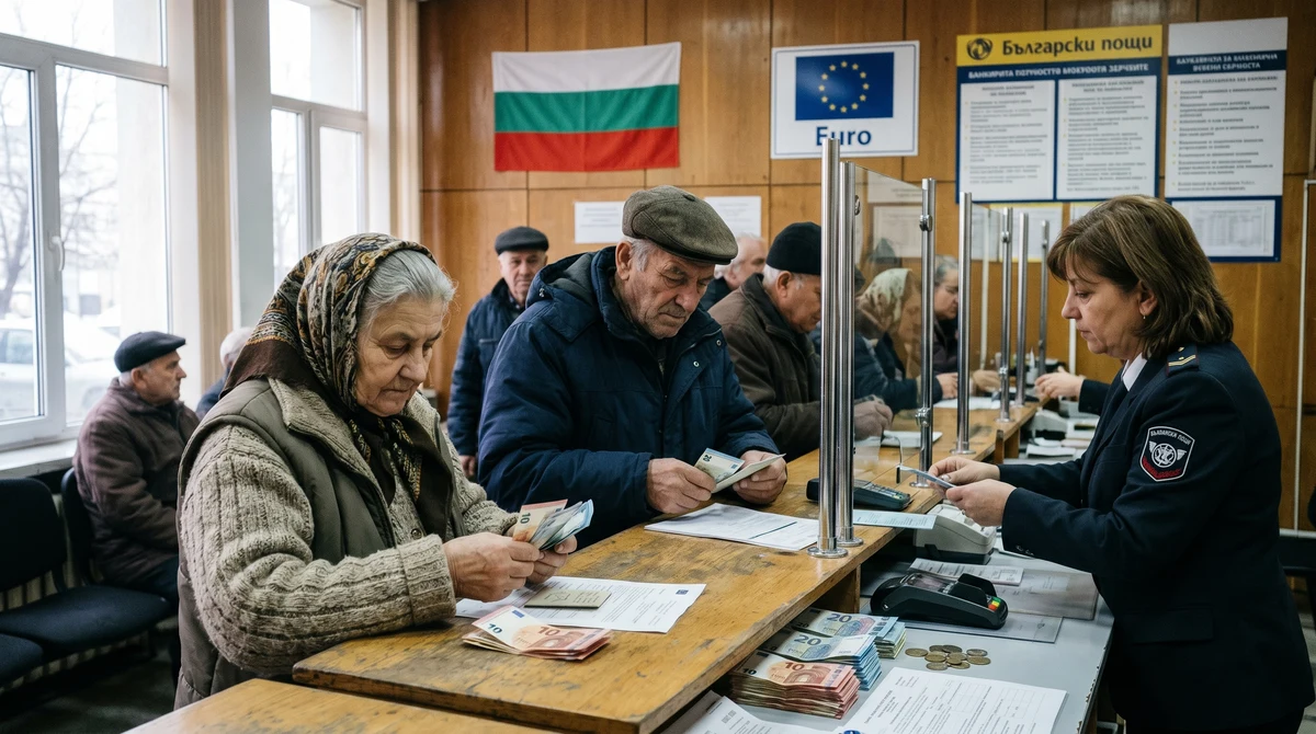 Възрастни хора в пощенска станция и банка проверяват пенсионни плащания в евро и броят банкноти.
