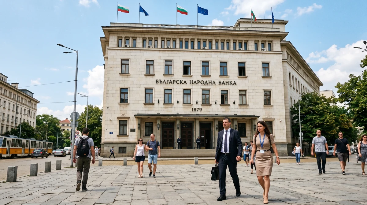Сградата на Българската народна банка в София с български знамена и хора пред входа