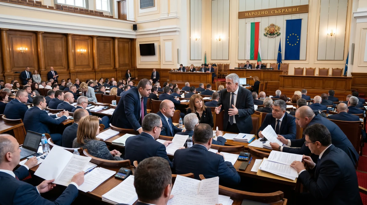 Зала на Народното събрание с депутати, документи и българско и европейско знаме по тема за антидискриминационния закон