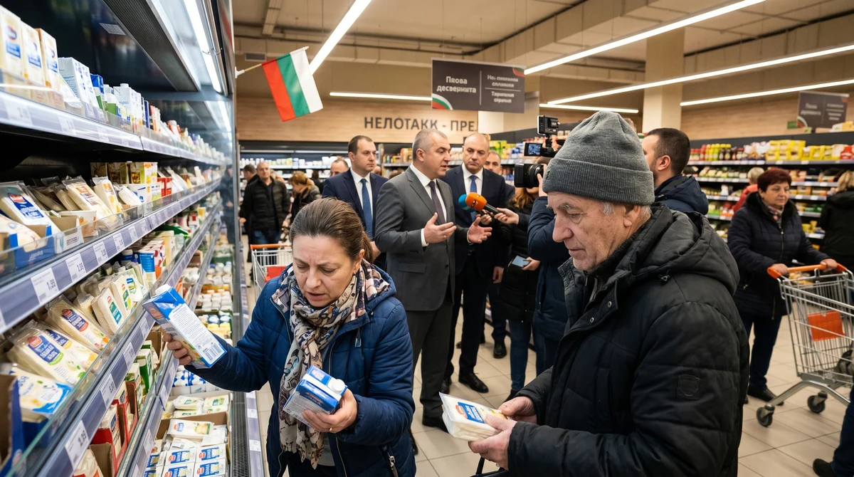 Потребители разглеждат цените на основни храни в супермаркет на фона на правителствен натиск за поевтиняване.