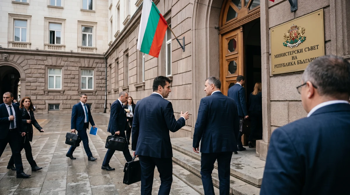 Официална държавна сграда в София с българско знаме и служители, свързани с управлението на Държавна агенция „Разузнаване“.