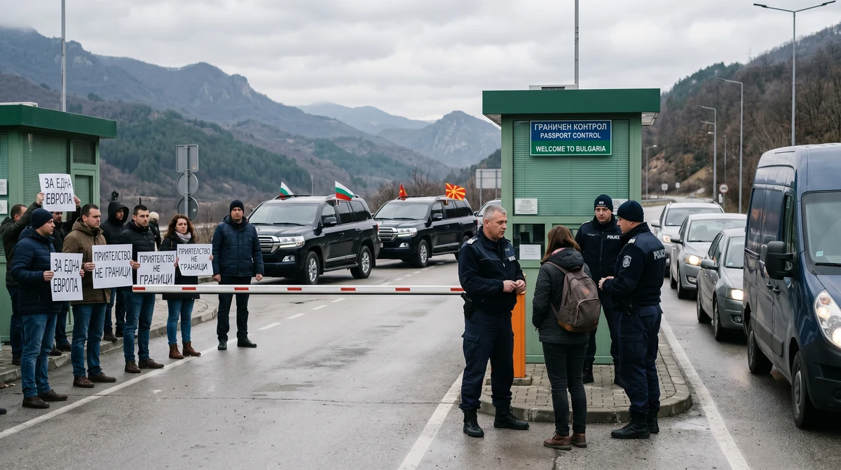Граничен пункт между България и Северна Македония с полицейско присъствие и малка група протестиращи