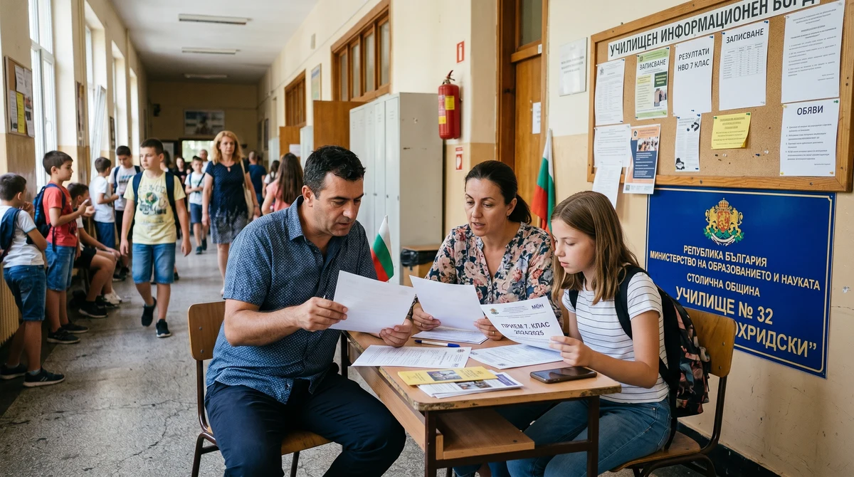 Родители и ученик преглеждат документи за прием след 7. клас в училищен коридор