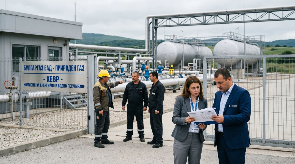 Работници и служители пред газова индустриална база в България, свързана с цените на природния газ и решението на КЕВР.