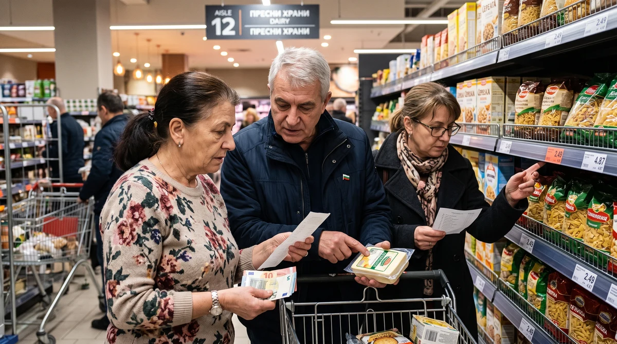 Хора пазаруват в супермаркет и проверяват касови бележки на фона на цени и евро обозначения.