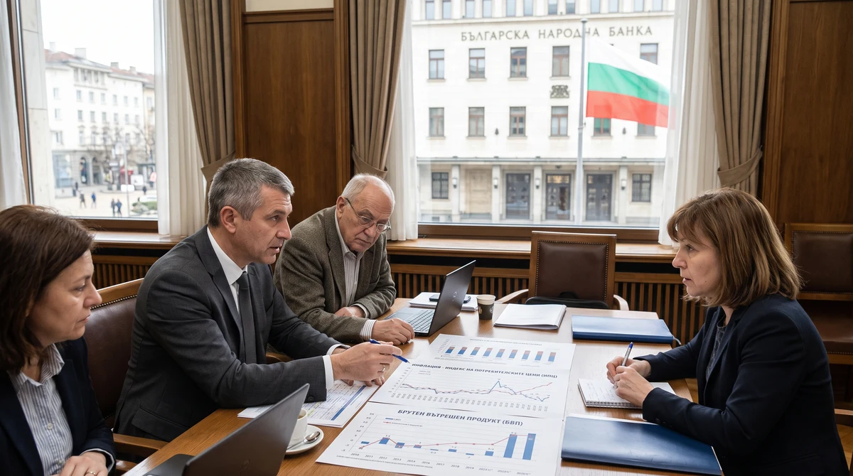 Сградата на Българската народна банка в София и икономисти, които преглеждат графики за инфлация и икономически растеж.