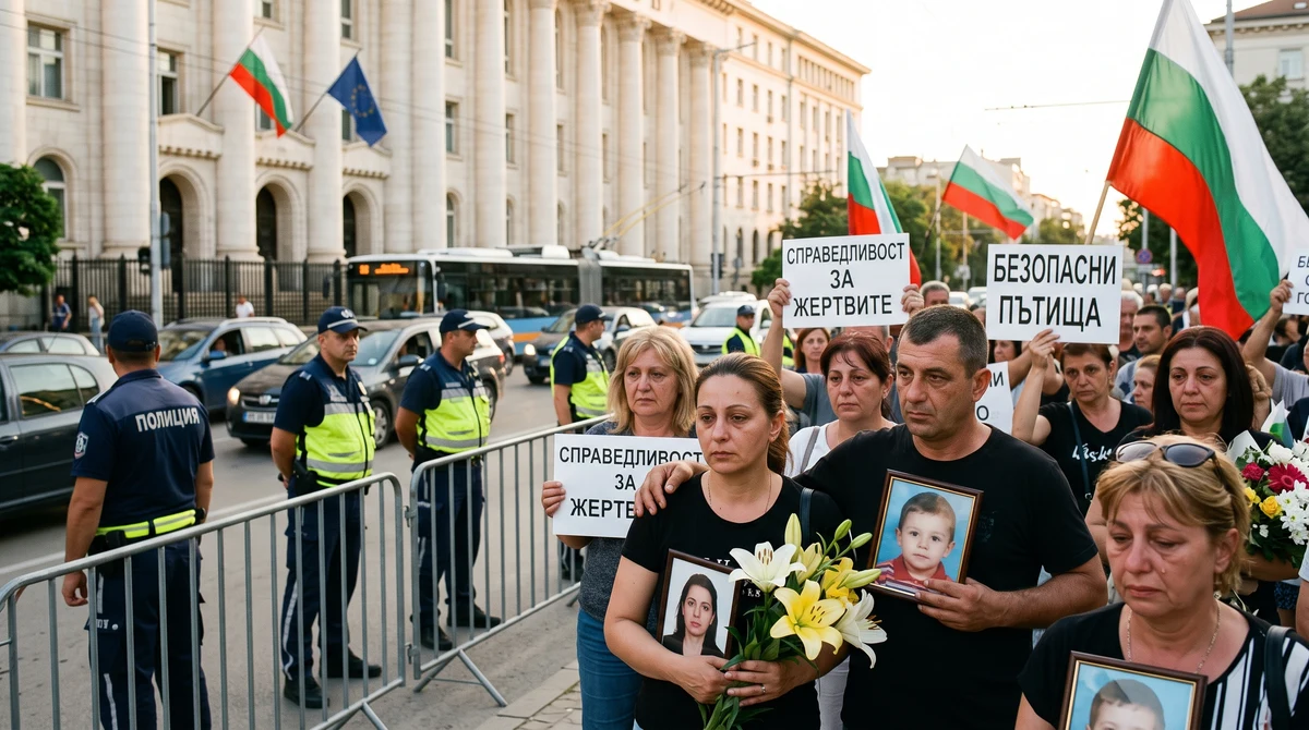 Протест за пътна безопасност пред Съдебната палата с граждани, цветя и послания в памет на загинали деца