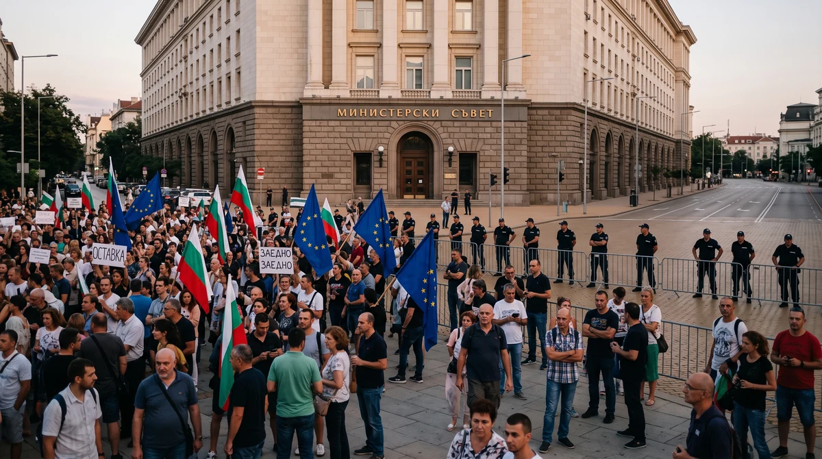 Мирен протест пред сградата на Министерския съвет в София с български и европейски знамена и засилено полицейско присъствие.